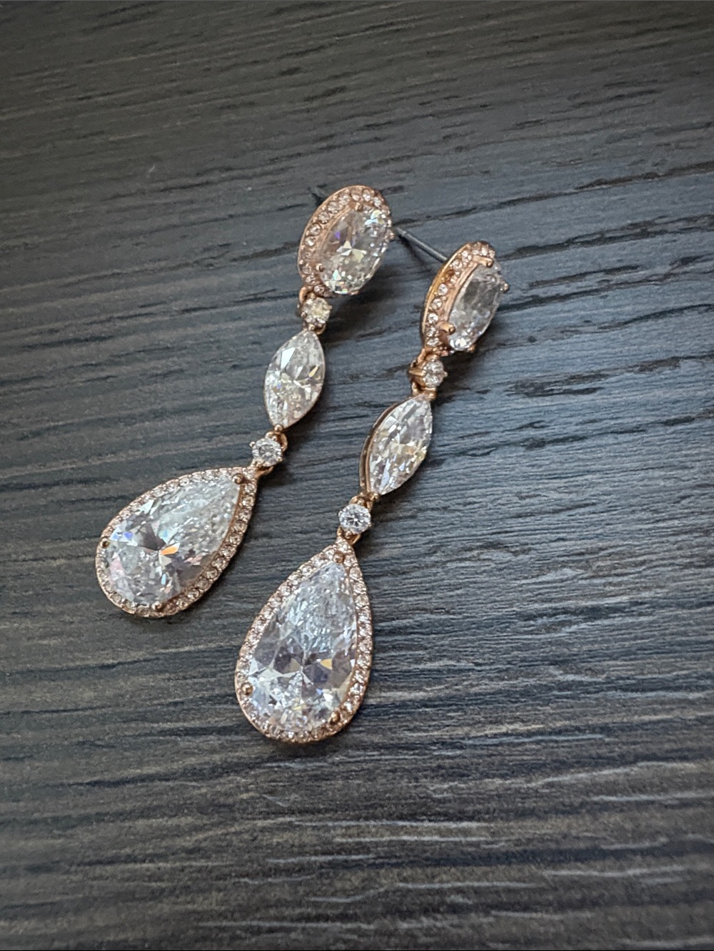 Nadri Rose Gold Teardrop Crystal Drop Earrings - Sparkling Clear Stones